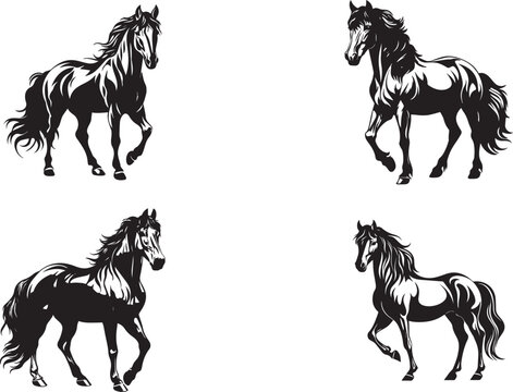 Set of horse silhouette animal set isolated on white background. Black horses graphic
