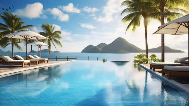 Beautiful tropical swiming pool in hotel or resort with umbrella,coconuts tree sun-loungers,palm trees with infinity pool view,ocean and mountain background. looping animation. Generated with AI