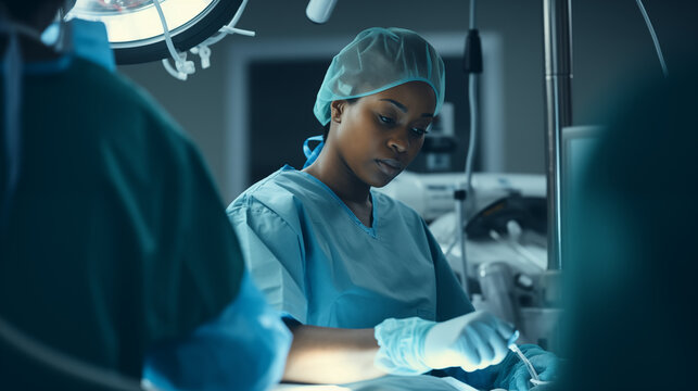 Black woman performing a surgery at a hospital