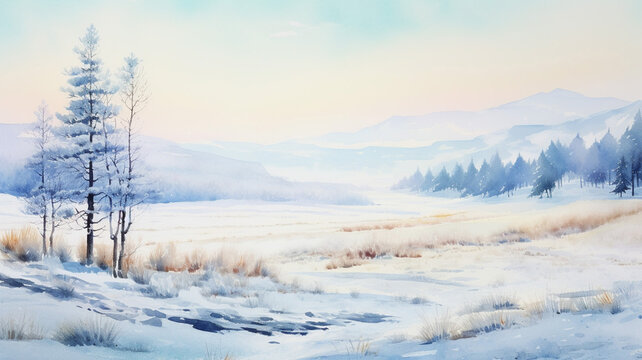 Watercolor winter landscape with hills and trees panorama