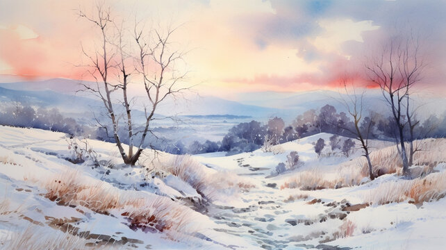 Watercolor winter landscape with hills and trees texture