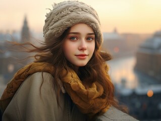 A joyful young woman wearing a winter hat and scarf, looking at the city with optimism and happiness. Generative AI.
