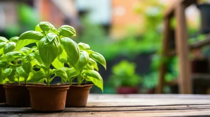 Foto op Canvas A vibrant display of fresh basil plants in pots on a rustic wooden table. Generative AI. © Natalia