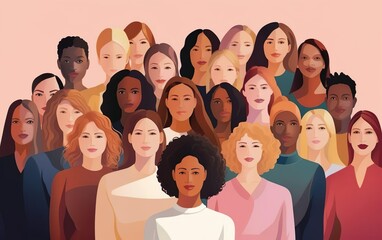 International women day poster with crowd of different confident women, diversity concept. Different race faces, front view, collective picture, community concept. AI Generative