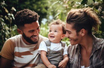 A man holding a baby next to two other men. Generative AI.