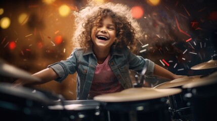 Fototapeta na wymiar A young girl is playing the drums in a music studio. Generative AI.