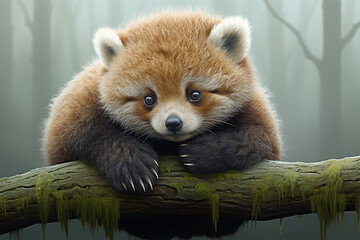 A charming baby red panda perches on a tree branch - obrazy, fototapety, plakaty