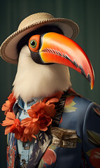 portrait of toucan dressed in trendy summer clothes. confident stylish fashion portrait of an anthropomorphic animal, posing with a charismatic human attitude