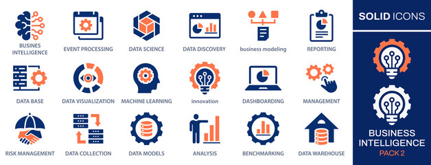 Set of business Intelligence icons, such as benchmark, machine learning, data modeling, and more. Vector illustration. Easily changes to any color. - 684467154