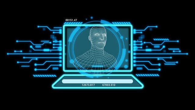 HUD for Animation A facial scan hologram is used to identify and authenticate users in order to access and log in to an online network security system. 4K video of a security online networking idea