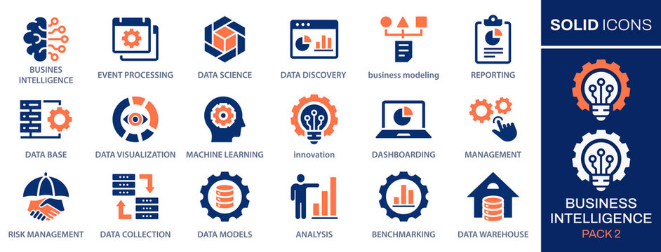 Set of business Intelligence icons, such as benchmark, machine learning, data modeling, and more. Vector illustration. Easily changes to any color.