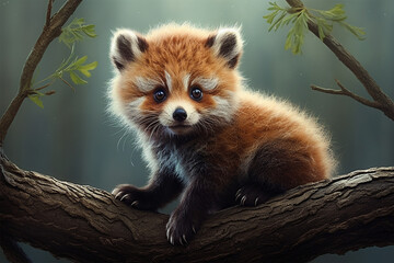 A charming baby red panda perches on a tree branch