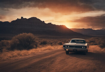 Fototapeta na wymiar AI Generative illustration digital art of a vintage car in a desert setting