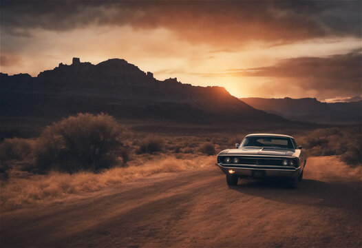 Fototapeta AI Generative illustration digital art of a vintage car in a desert setting