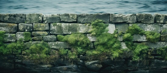 In Country, an old grunge stone wall embraces an abstract texture of moss, showcasing the natural beauty of nature's touch against the sea's vibrant green backdrop.
