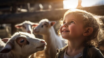 Child on farm next to livestock