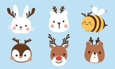 Christmas cartoons with rabbit, bear, bee, penguin and reindeer icon sign on blue background vector. 