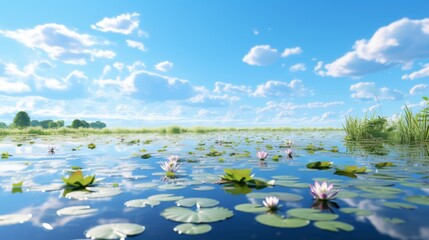An image of a calm blue pond with lily pads, reflecting the clear blue sky above.
