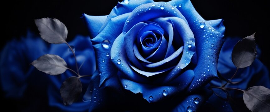 An image of a blue rose in full bloom, with soft petals and a deep blue hue.
