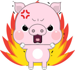 Cute cartoon pig expressing anger, wrath, rage, and fury with flame