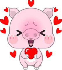 A Cute Cartoon Pink Pig, Shy and Falling in Love, Holding a Big Heart, Surrounded by Many Little Hearts