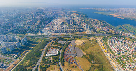 Istanbul, Turkey. Summer panorama of the city from the air on a sunny day. Dormitory and industrial...