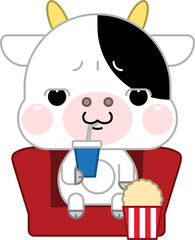 Adorable Cartoon Cow Enjoying a Movie and Popcorn at the Cinema