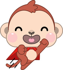Fototapeta premium Cute cartoon monkey in superhero costume flying in the sky clouds