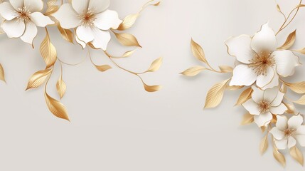luxury minimal style wallpaper with a golden line art flower and botanical leaves, blending organic shapes and watercolour effects. 