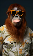 portrait of orangutan dressed in trendy summer clothes. confident stylish fashion portrait of an anthropomorphic animal, posing with a charismatic human attitude