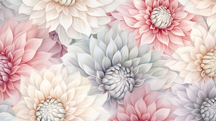 Delicate hand-drawn dahlia blossoms in soft pastel colors, creating a soothing and harmonious seamless pattern for design applications.