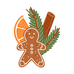 Composition Christmas Gingerbread Man with fir branches, orange slice and cinnamon stick on isolated background. Christmas and New Year traditions concept. Vector illustration