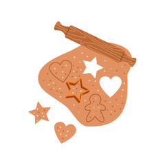 Making Christmas gingerbread cookies on isolated background. Top view. Homemade bakery preparing with dough. Christmas and New Year traditions concept. Vector illustration. 