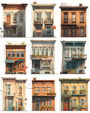 Set of buildings illustration in simple minimal cartoon style. City landscape elements, city constructor on white background, for websites, banners, covers, games