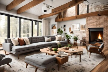 Fototapeta premium Cozy living room with a plush, gray sectional sofa, a mid-century modern chair, and a traditional brick fireplace.