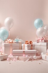 Lots of white and pink gift boxes and colorful balloons on a light background for copy space, advertising, text.