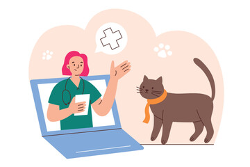 Veterinarian online consultation, internet call to vet clinic, ill cat with female doctor on screen, hand drawn composition for animal hospital, vector illustration of vet online help