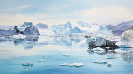 Frozen landscape with icebergs and glaciers under a pale blue sky, reflecting in the calm icy waters.