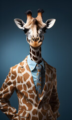 portrait of giraffe dressed in trendy summer clothes. confident stylish fashion portrait of an anthropomorphic animal, posing with a charismatic human attitude