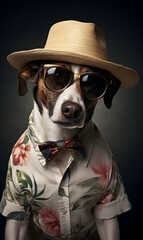 portrait of dog dressed in trendy summer clothes. confident stylish fashion portrait of an anthropomorphic animal, posing with a charismatic human attitude