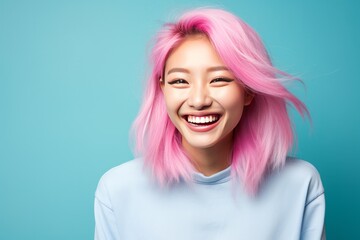 Smiling asian young woman with colorful hair studio portrait. AI generative