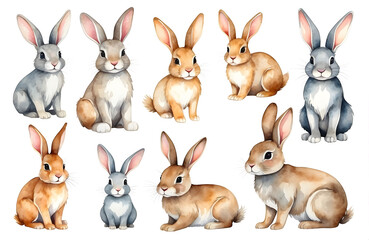 Fototapeta premium set of watercolor cute safari rabbits isolated on transparent background