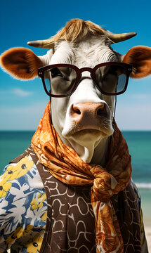 portrait of cow dressed in trendy summer clothes. confident stylish fashion portrait of an anthropomorphic animal, posing with a charismatic human attitude