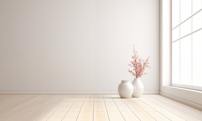 empty white room with wooden tile floor - 684471993