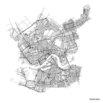 Rotterdam city map with roads and streets, Netherlands. Vector outline illustration.