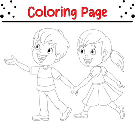 Fototapeta na wymiar happy boy girl holding hands coloring page
