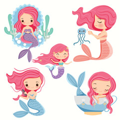 vector illustration of a cute mermaid in variety poses
