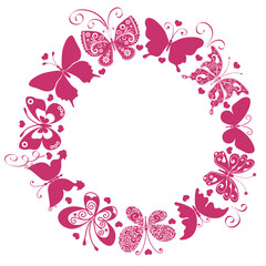 Vector valentine round frame made with rose butterflies, isolated on a transparent background, monochrome