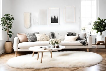 inspired living room with a simple yet adorable sofa, mixed pattern pillows, a blank wall with room for text, and a soft, white sheepskin throw