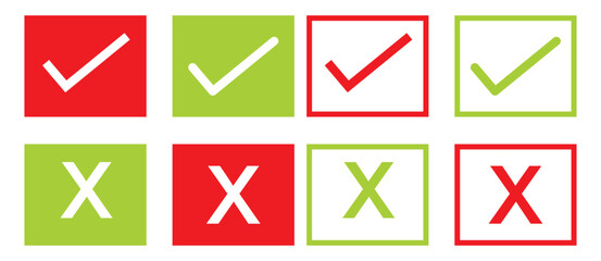 Wrong or rejected cross red check mark and right or approved green tick checkmark icons or symbols flat round buttons - Check marks isolated set vector illustration